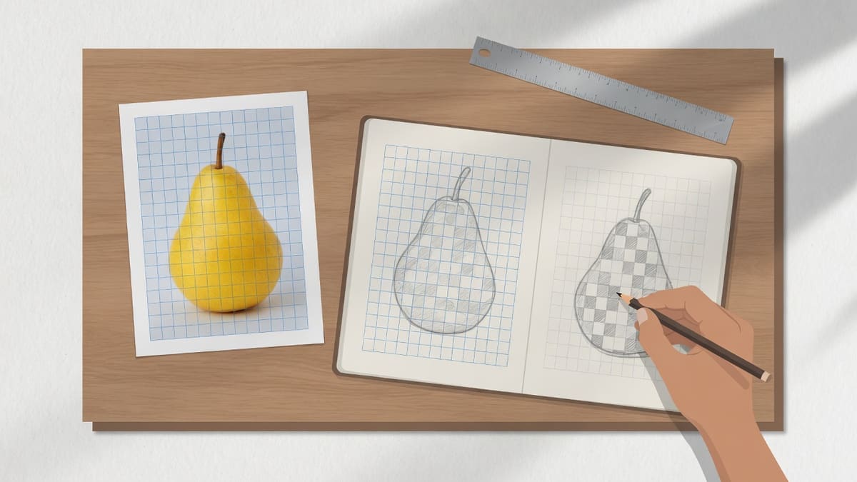 A still-life photo with even squares beside a sketchbook where a hand copies one cell