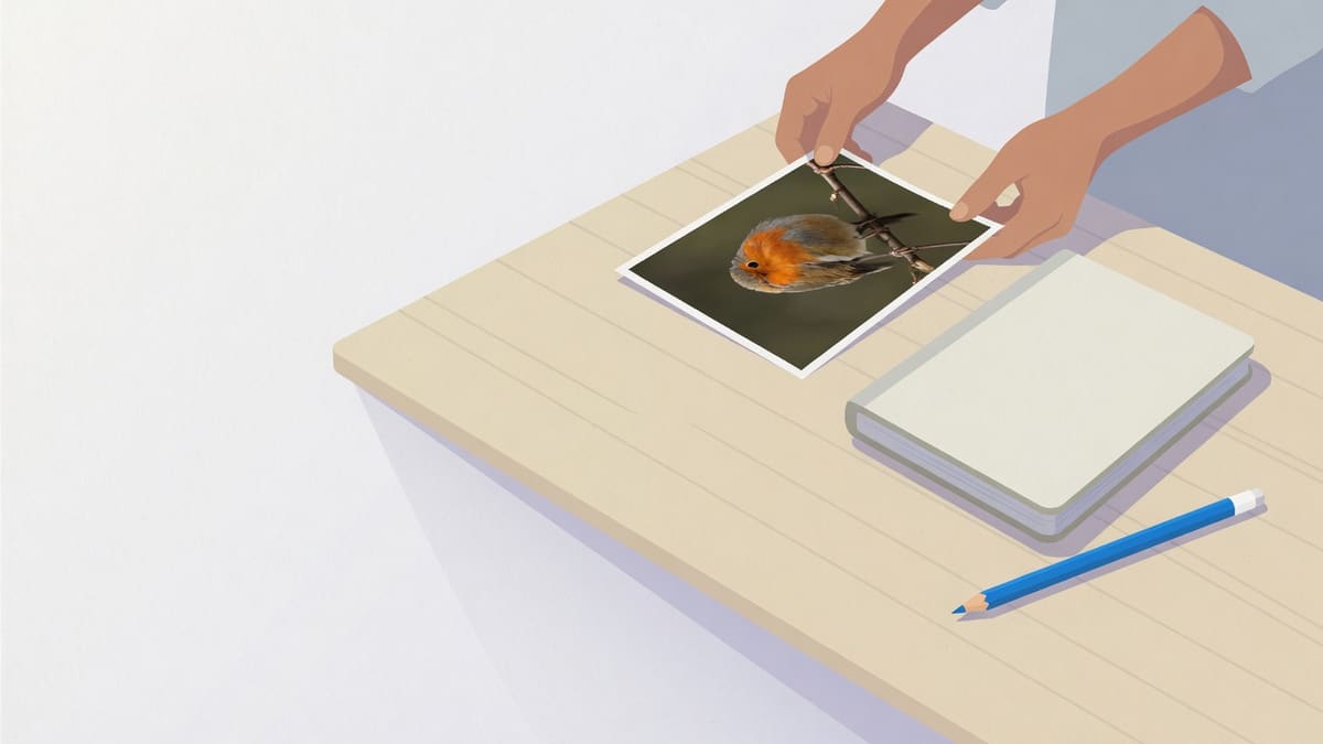 A hand placing a bird reference photo onto a pale desk to start a drawing grid