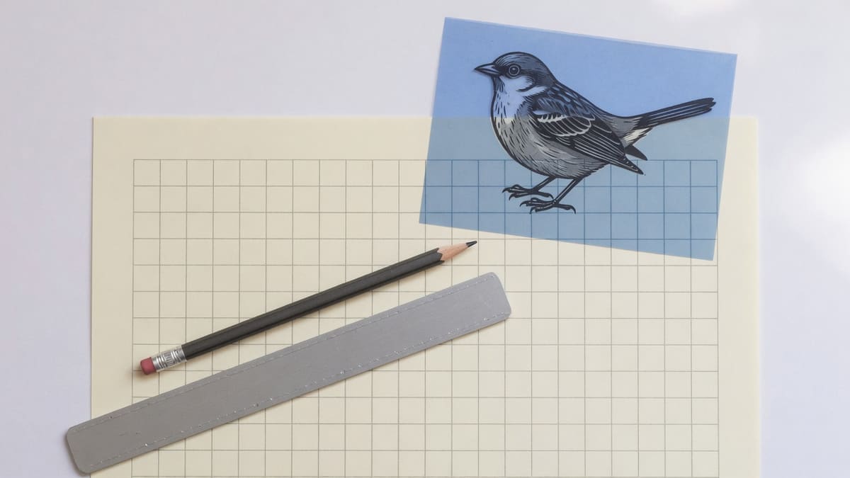 A ruler ruling matching faint squares on paper next to a small bird photo with overlay