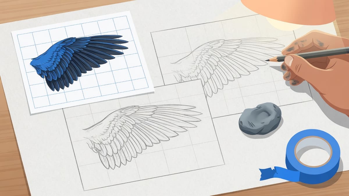 An artist copying one square of a bird from a gridded print onto a larger paper square
