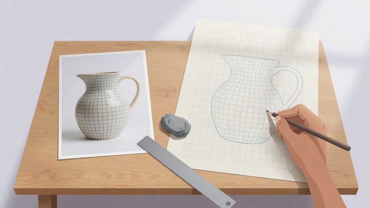 A printed still-life photo with even squares beside a larger paper grid as a hand copies one cell