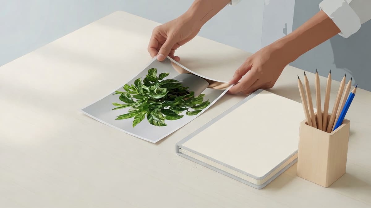 A hand setting a houseplant reference photo onto a desk before the overlay is drawn