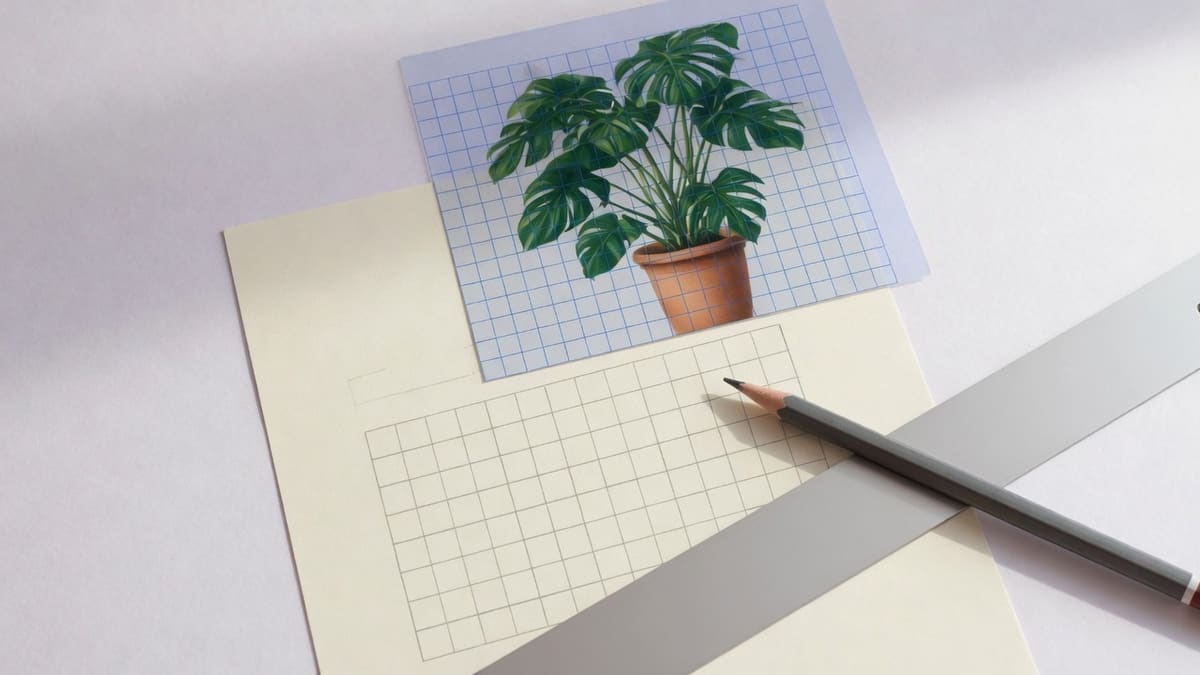 A ruler and hard pencil ruling matching faint squares on cream paper next to a small overlay print