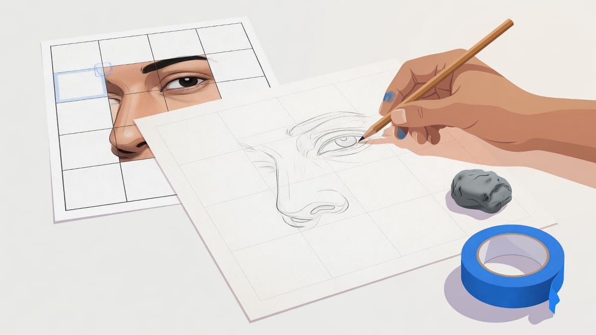 An artist copying one square of a face from a gridded print onto a larger paper square