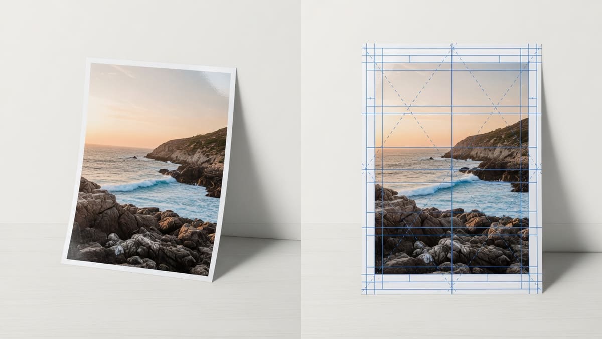 A rocky coast photo on the left becoming the same photo with a thin even overlay on the right
