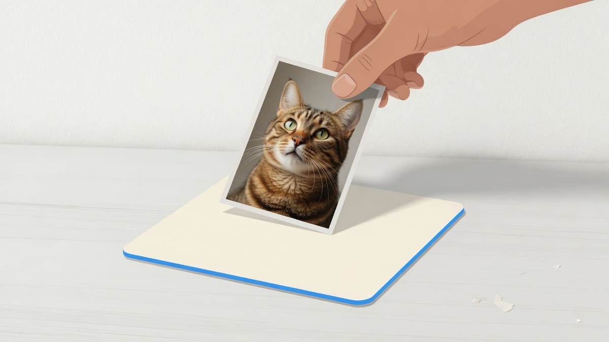 A hand dropping a tabby-cat photo onto a blank card to start a grid overlay