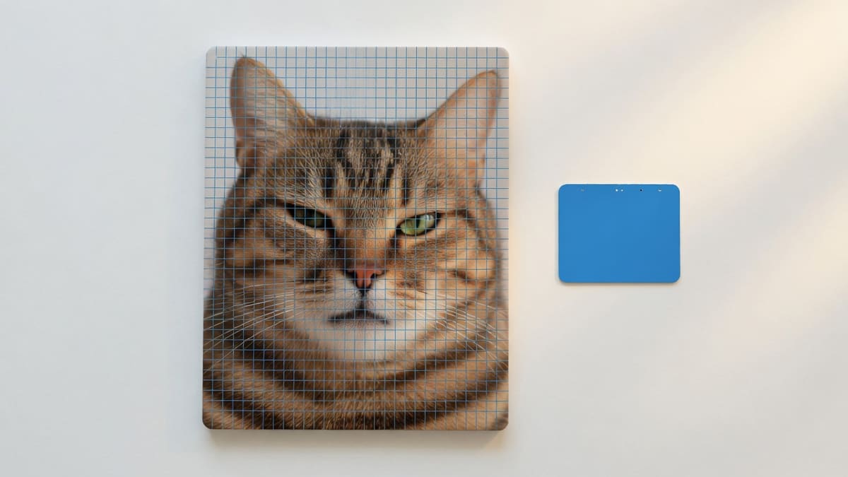 The same cat photo filling a canvas with even overlay lines and a small color swatch nearby